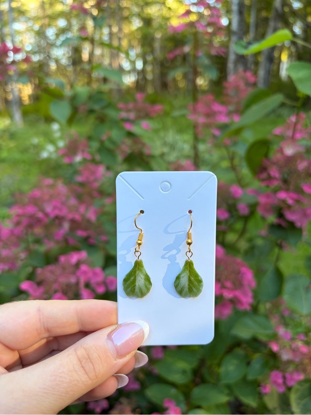Green Leaf Dangle Earrings - Gold Hooks